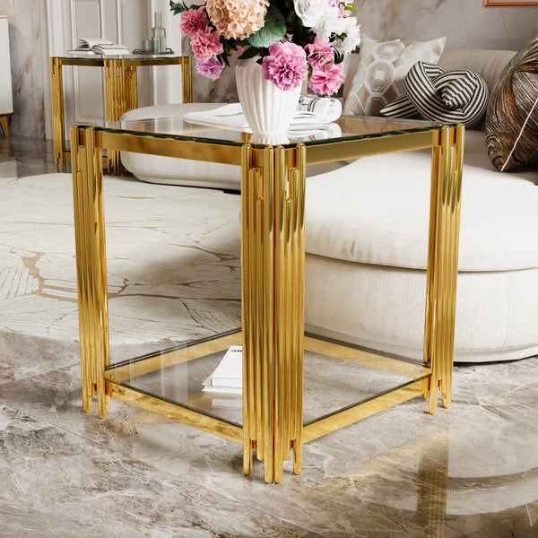 English Elm Modern Round Mirrored Glass End Table with Gold Metal Frame and Lower Display Shelf Transparent N735P380093K