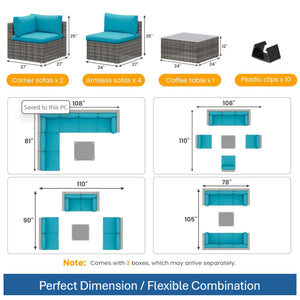 English Elm 7-piece Outdoor Modular Sectional Pe Wicker Patio Set with Tempered Glass Coffee Table Grey+Blue B082S00064