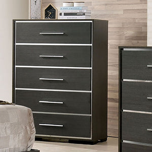 English Elm Contemporary Chic Five-Drawer Chest with Chrome Legs, High-Gloss Coating, Smooth Modern Design Warm Grey 37 L x 20 W x 53 H B2741P368142