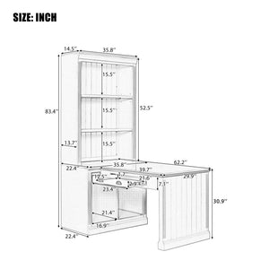 English Elm 83.4"Tall Bookshelf with Writing Desk White – Modern Solid Wood Workstation with LED, Drawer & Adjustable Shelf N751S280597K