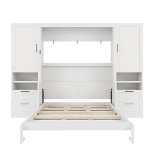 English Elm Queen Murphy Fold Down Wall Bed with Wardrobe Drawers and Shelves for Guest Rooms White LP000909AAK-2