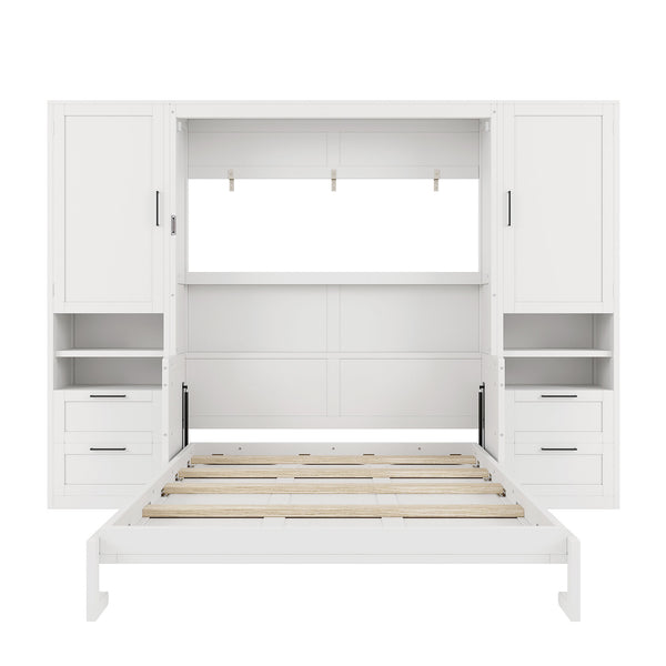 English Elm Queen Murphy Fold Down Wall Bed with Wardrobe Drawers and Shelves for Guest Rooms White LP000909AAK-2