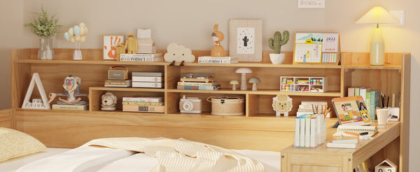 English Elm Wooden Twin Daybed with Built-In Desk, Side Shelves and Dual Drawers for Smart Space Saving Natural 54.9 L x 18.75 W x 5.6 H N733S241484M