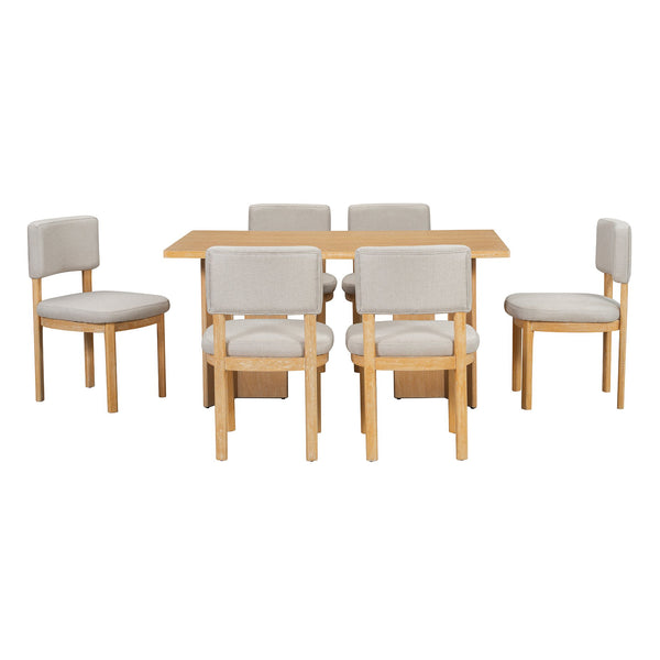 English Elm Trexm Farmhouse Six Seat Dining Set Oak Veneer Distressed Table Upholstered Chairs Natural Wood Wash ST000153AAD