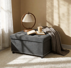 English Elm Storage Ottoman Tufted Nailhead Trim Lift Top Footstool for Living Room or Bedroom Dark Grey W5568P446991