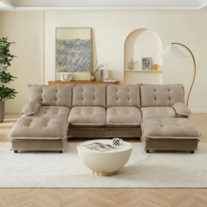 English Elm 138" U-shaped Chenille Cloud Sectional with Ottomans Deep Seat Modular Living Room Sofa Light Coffee W714S01716