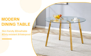 English Elm Modern Round Tempered Glass Dining Table with Gold 7-Shaped Legs, 47.3" Clear Top, Durable Luxury W1151S01881