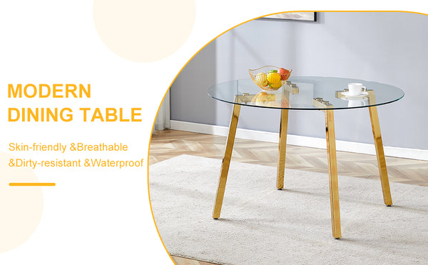 English Elm Modern Round Tempered Glass Dining Table with Gold 7-Shaped Legs, 47.3" Clear Top, Durable Luxury W1151S01881