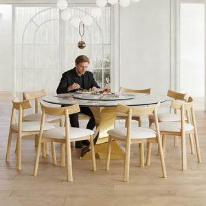 English Elm 59" Round Sintered Stone Table Set Seats Eight with Gold Hourglass Base Lazy Susan W2700S00131