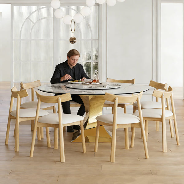 English Elm 59" Round Sintered Stone Table Set Seats Eight with Gold Hourglass Base Lazy Susan W2700S00131