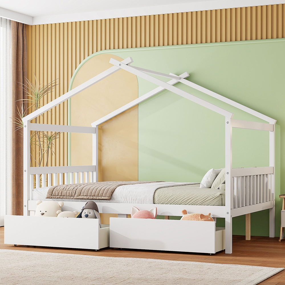 English Elm Twin House Bed Solid Pine Kids Cottage Frame with Storage Drawers Imaginative Room N708P309247K