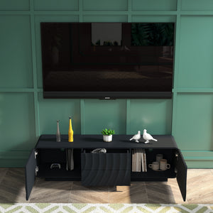 English Elm 58''tv Console Sculpted Spiral Wave Relief Walnut Mid-century Media Stand with Storage Black W2263P412355
