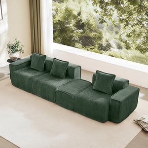 English Elm Streamlined Velvet L-shaped Sectional Sofa with Ottoman and Cloud Cushion Living Room Green W3041S00366