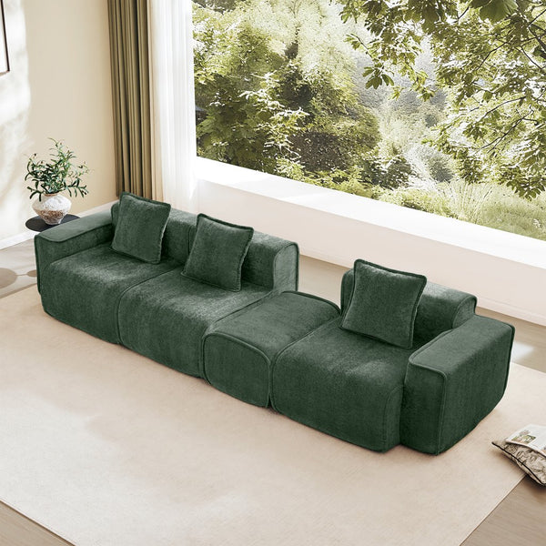 English Elm Streamlined Velvet L-shaped Sectional Sofa with Ottoman and Cloud Cushion Living Room Green W3041S00366