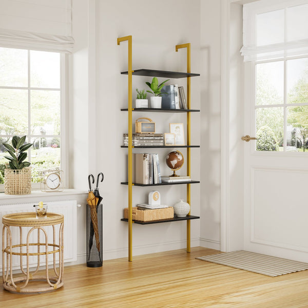 English Elm Industrial Ladder 5-Tier Wall-Mount Bookshelf with Metal Frame, MDF Shelves, Space-Saving Vertical Storage, Black/Golden Finish W578P357543