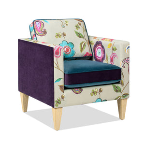 English Elm Jennifer Taylor Home - Mamba Patchwork Accent Chair 28" Teal-Blue Purple Velvet Floral - Removable Cushions, Wood Legs, Modern Track Arms B2719P238277