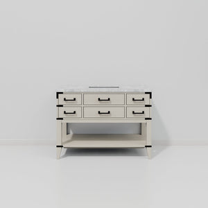 English Elm White Oak Single Bath Vanity With Carrara Marble Top - 48" W, Ample Storage & Soft-Close Drawers B2731P260238-GIGA