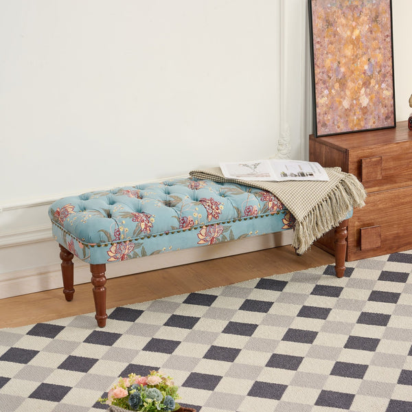 English Elm European Tufted Floral Upholstered Bench with Turned Legs for Bedroom or Living Room W3373P453377
