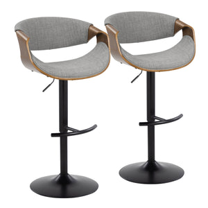 English Elm Curvo Adjustable Barstool Set Of 2 - Mid-Century Modern Design With Swivel, Walnut & Grey Fabric B202S00802