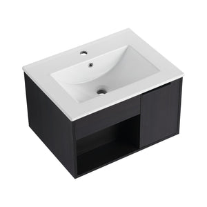 English Elm 24" Wall Mounted Bathroom Vanity Dark Oak Open Shelf Ceramic Sink Soft Close Door W3450P435828