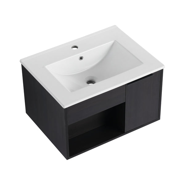 English Elm 24" Wall Mounted Bathroom Vanity Dark Oak Open Shelf Ceramic Sink Soft Close Door W3450P435828