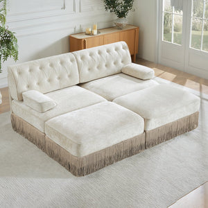 English Elm With Tufted Velvet Sectional Sofa Two Ottomans Tassel Skirt French Chesterfield Living Room Beige W714S01743