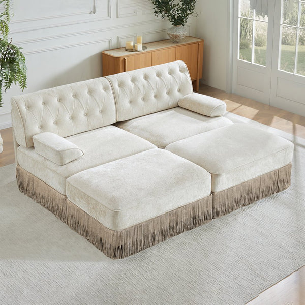 English Elm With Tufted Velvet Sectional Sofa Two Ottomans Tassel Skirt French Chesterfield Living Room Beige W714S01743