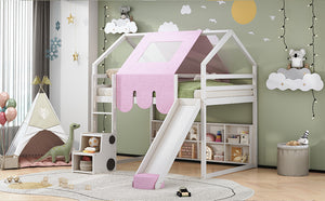 English Elm Full Size Kids House Loft Bed Pinewood Frame with Tent Slide and Play Storage White LT000683AAK