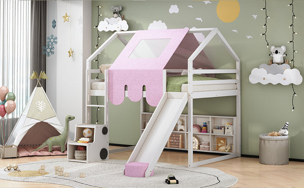 English Elm Full Size Kids House Loft Bed Pinewood Frame with Tent Slide and Play Storage White LT000683AAK