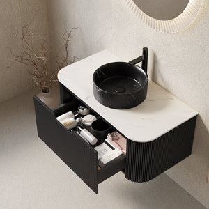 English Elm Dina Floating Bathroom Vanity Sintered Stone Top Glass Basin Striped Plywood Cabinet Black,Carrara White W2615S00705