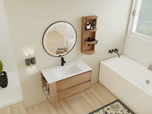 English Elm 36" Wall-Mounted Bathroom Vanity With Ceramic Sink, Dual Soft-Close Drawers & Side Rack Storage, Durable KD Packing W999S00344
