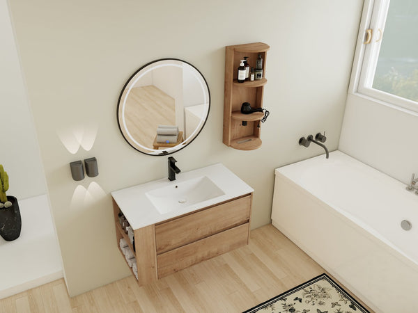 English Elm 36" Wall-Mounted Bathroom Vanity With Ceramic Sink, Dual Soft-Close Drawers & Side Rack Storage, Durable KD Packing W999S00344
