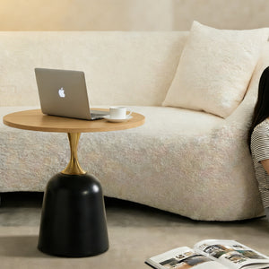 English Elm 23.6 Inch Round Side Table with Metal Base Warm Grain Top for Living Room or Office Wood W2920P407666
