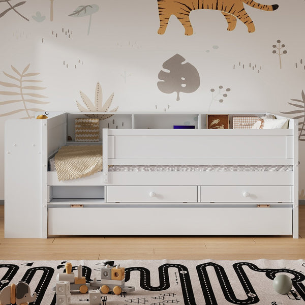 English Elm Multi-functional Twin Daybed with Trundle Desk Usb Charging Pine Wood Storage GX000462AAK