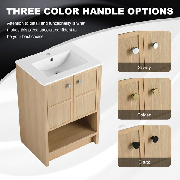 English Elm 24" Freestanding Bathroom Vanity with Ceramic Sink, Oak Finish, 2 Soft-Closing Doors, Open Shelf Storage W1972S00023