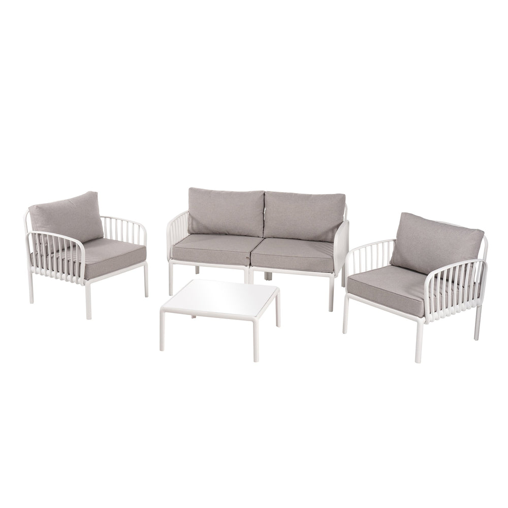 English Elm Christopher Knight Home® - 5 Modern Patio Conversation Set with Deep Seating, Waterproof Cushions, Glass Coffee Table, Durable White+gray N780P19945449W