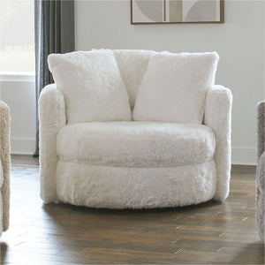 English Elm 1pc Plush Swivel Round Accent Chair in White Faux Fur with Oversized Pillows, Curved Track Arms, Cozy Lounge Comfort B2741P378642