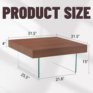English Elm Walnut Square MDF Coffee Table 31.5"x31.5" with Tempered Glass Legs, Thick 4" Top, Anti-Slip Pads W1151P233512