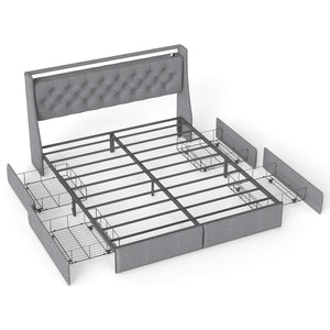 English Elm Queen Storage Platform Bed with Rgb Lighting Linen Headboard and Built-in Charging T3963P437321