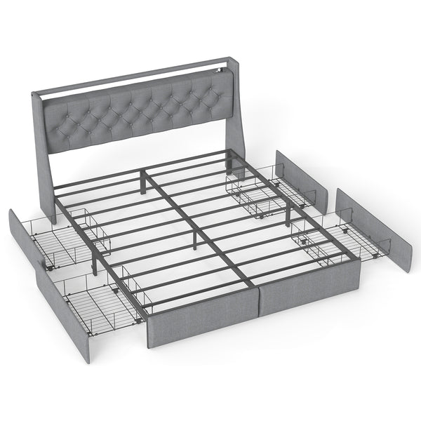English Elm Queen Storage Platform Bed with Rgb Lighting Linen Headboard and Built-in Charging T3963P437321