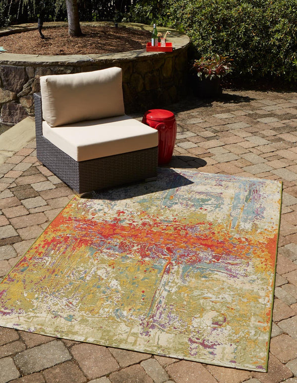 Unique Loom Outdoor Modern Crumpled Machine Made Abstract Rug Multi, Gold/Green/Navy Blue/Orange/Red/Beige/Blue/Brown/Cream 5' 3" x 8' 0"