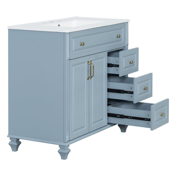 English Elm 36" Bathroom Vanity - Modern Blue Grey Solid Wood Cabinet With Elegant Gold Handles & Ample Storage N725P356069E