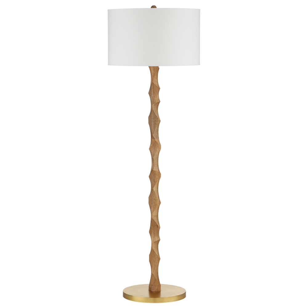 Sunbird Floor Lamp - Handcrafted Tan Wood Design with Brass Base & Off-White Shade for Modern Spaces
