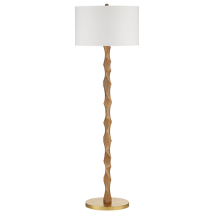 Sunbird Floor Lamp - Handcrafted Tan Wood Design with Brass Base & Off-White Shade for Modern Spaces