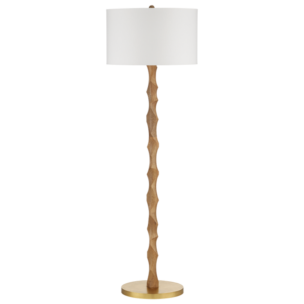 Sunbird Floor Lamp - Handcrafted Tan Wood Design with Brass Base & Off-White Shade for Modern Spaces