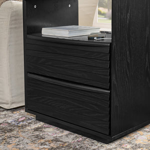 English Elm Mid Century Modern nightstand with USB charging, louver drawers, open shelf and hidden cord storage Black W1801P303391