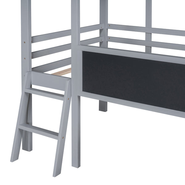 English Elm Twin House Loft Bed with Slide Chalkboard Panel and Led Roofline for Kids Gray WF324323AAE