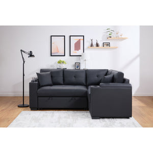English Elm PVC Sleeper Sectional with USB Ports, Cupholders & Hidden Storage Arms – Convertible Black Sofa Bed B016S00052