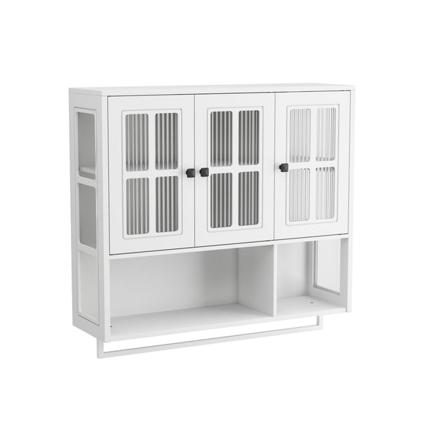 English Elm Bathroom Wall Cabinet with 3 Doors and Glass Panel, MDF Storage Cabinet with Towel Bar, Modern 35.6"L x 10.2"W x 32.5"H White W757P329727