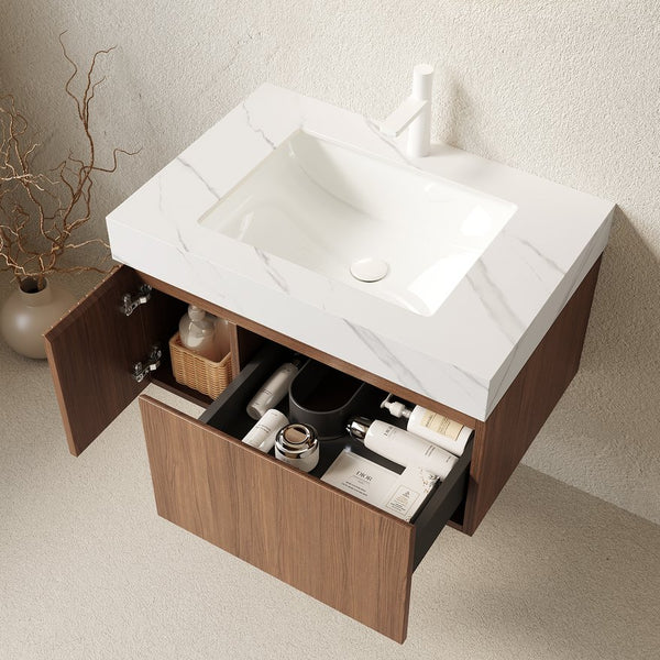 English Elm Muri Floating Bathroom Vanity Plywood Cabinet Sintered Stone Top Oak Woodgrain W2615S00619